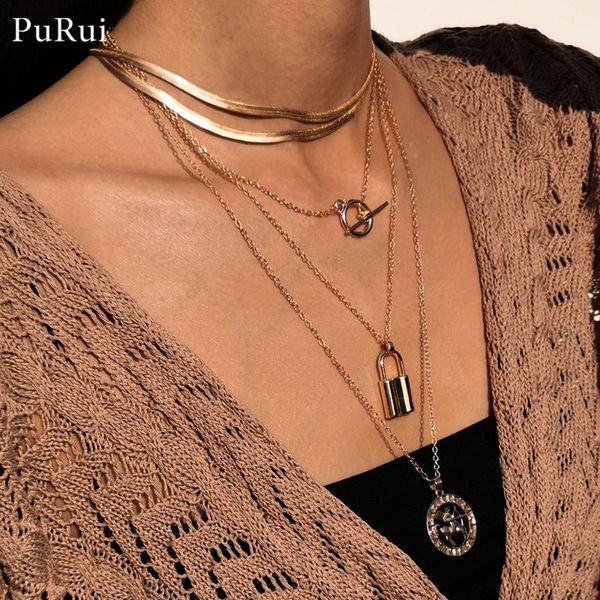 

gothic punk lock necklace collar statement women men multi layer sagittarius pendant necklaces set snake chain choker jewelry, Silver