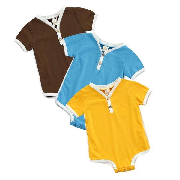 

jumpsuits breathable baby girls boys romper, simple style infant summer creative color matching short sleeve button jumpsuit, Blue