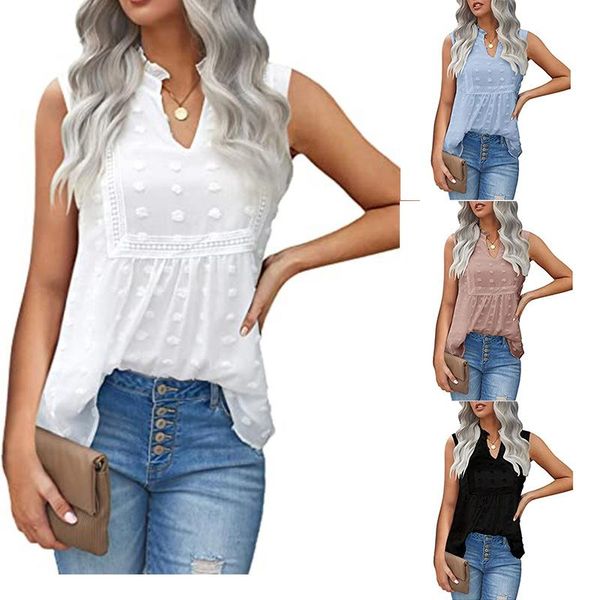

women's blouses & shirts summer 2021 women fashion v-neck chiffon lace patchwork ladies short sleeve dot loose blouse, White