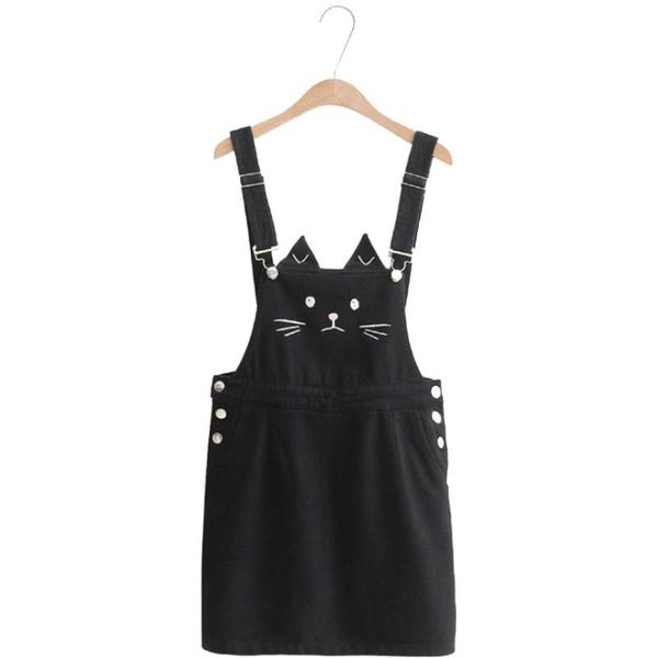 

casual dresses merry pretty 2021 women spaghetti strap denim dress cartoon cat embroidery sleeveless straight woman solid cute, Black;gray