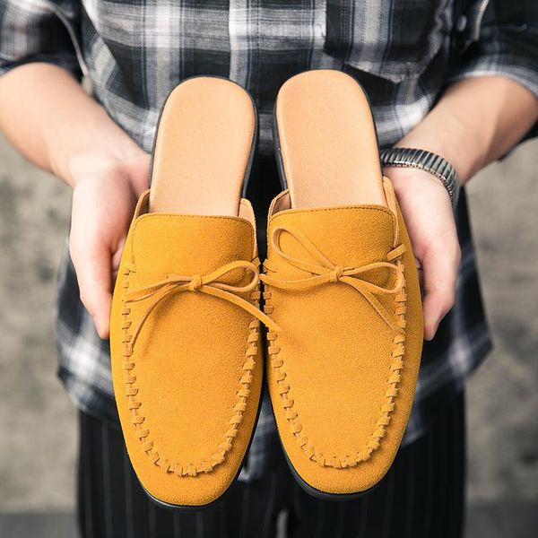 

slippers men's half summer black leather casual shoes light flat