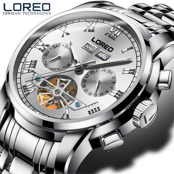 

wristwatches automatic watch men full steel tourbillon sport mechanical fashion 50m waterproof watches loreo 6108, Slivery;brown