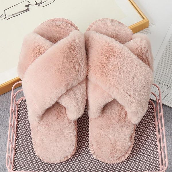 

slippers winter home women fur faux furry cross strap flat sldies slip on indoor non house shoes ladies plush 2021, Black