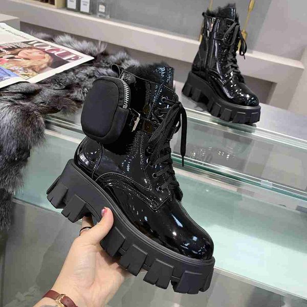 

designer black combat boots women fashion winter fur warm short boot platform rois snow booties matte patent color