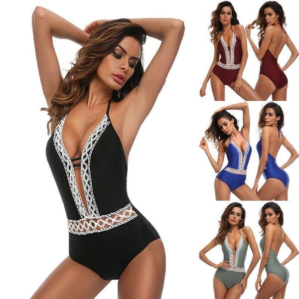 

women's swimwear women v neck beach swimsuit bikini monokini bathing suit ropmer, White;black