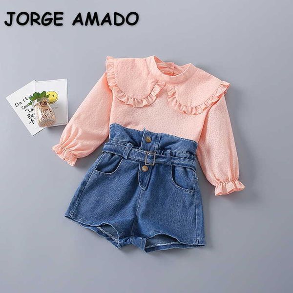 

spring kids girls 2-pcs sets solid color long puff peter pan collar shirts + denim shorts children clothes e13 210610, White