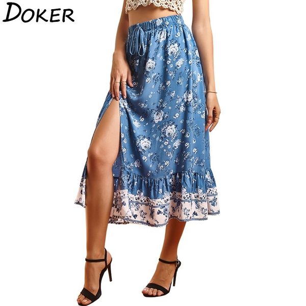 

summer floral midi skirt women clothes fashion ruffles split a line elegant high waist skirt female casual boho skirt ropa mujer 210423, Black