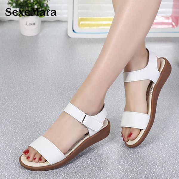 

sexemara women sandals magic buckle summer beach genuine leather flip flat platform bare feet pink ladies shoes, Black
