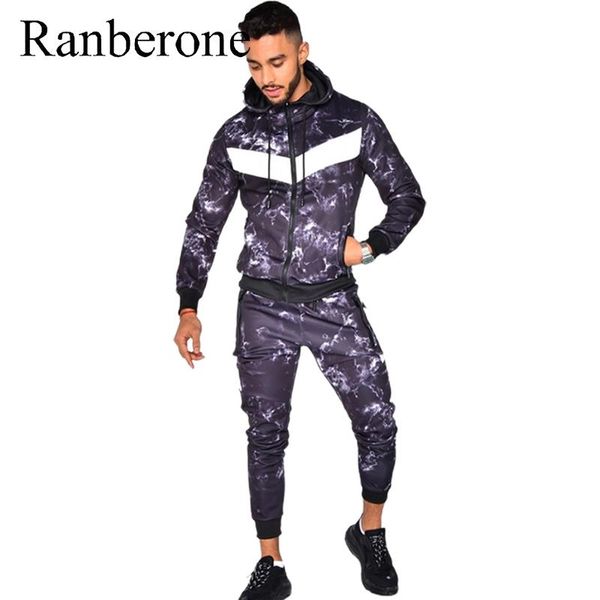 

ranberone 2 pce sets tracksuit men hooded jacket+zip pants pullover printing sportwear stitching hoodie male clothes size -3xl gym clothing, White;black