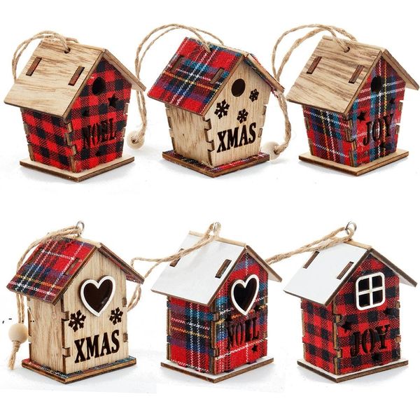 Weihnachtsdekorationen, roter Holzhaus-Anhänger, kleines Ornament, Weihnachtsbaumschmuck, LLB12094