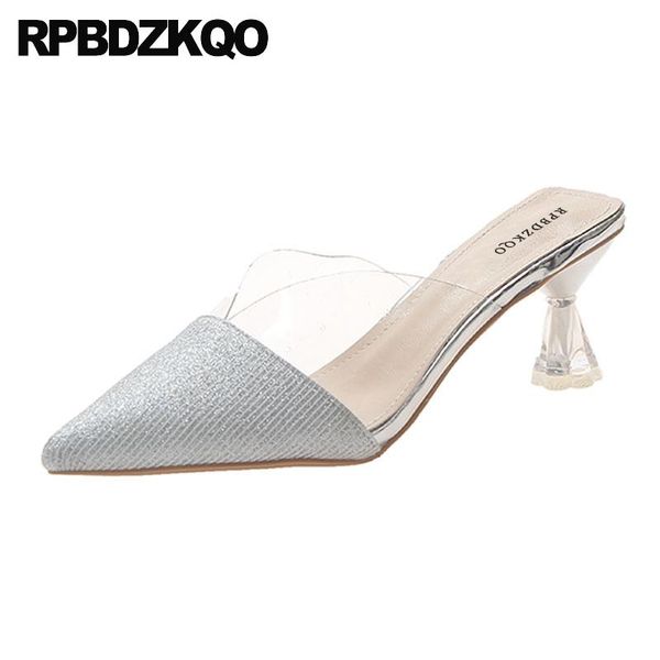 

clear 3 inch silver slip on ladies chunky 2021 high heels pumps pointed toe mules slipper gold glitter shoes transparent dress, Black