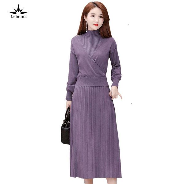 

casual dresses leiouna streetwear slim a-line solid full office-lady sweater 2021 fashion autumn skater dress women high waist female, Black;gray