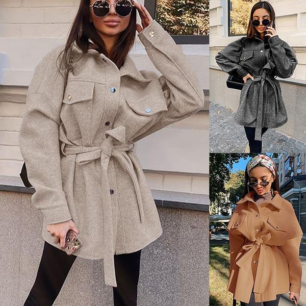 

women's jackets 2021 autumn and winter fashion waist short wild small temperament jacket mid-length windbreaker solid color women, Black;brown