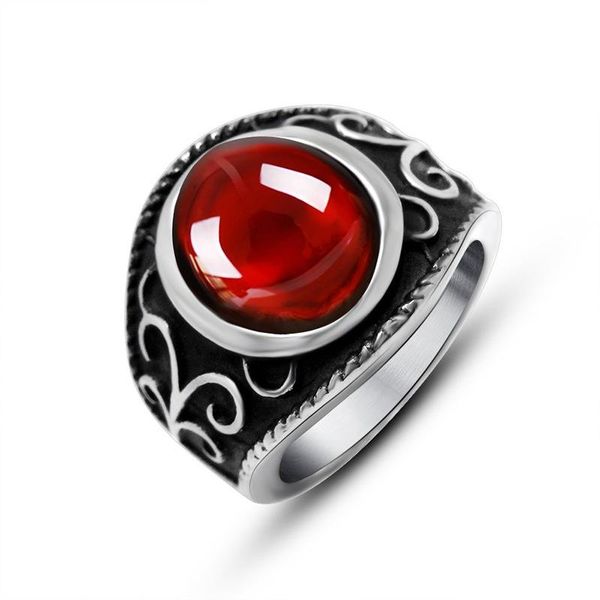 

vintage stainless steel gothic rings for men and women engraved flowers with red garnet natural stone fine jewellery cluster, Golden;silver