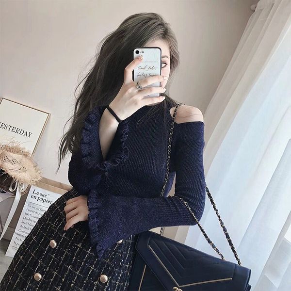 

two piece dress luxury designer flare sleeve knit sweater autumn winter elegant women double-breasted tweed two piece skirt set to, White