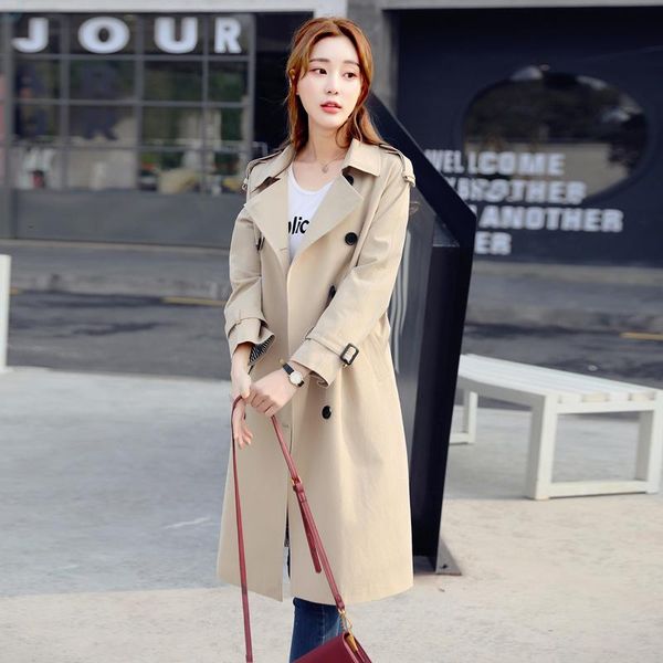 

women's trench coats windbreaker women mid-length coat spring autumn double breasted ladies korean slim outwear casual overcoat g140, Tan;black