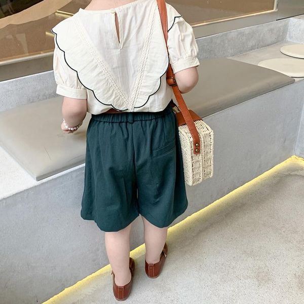 

2021 summer girl's all-match hight waist blackish green cotton shorts pants children's loose 2-8y, Black