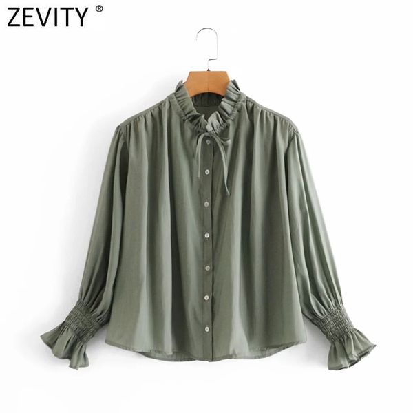 

zevity women vintage ruffled collar solid loose shirts office lady puff sleeve business blouse roupas chic femininas ls9038 210419, White
