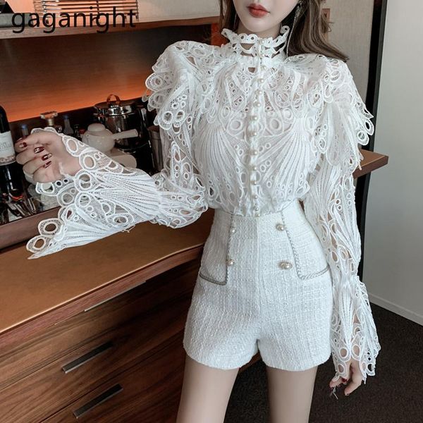 

gaganight lace embroidery women blouse long sleeve stand collar chic korean shirt female fashion shirts slim blusas transparent women's, White