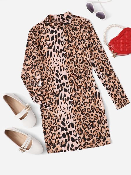 

girls leopard print mock neck fitted dress she, Red;yellow