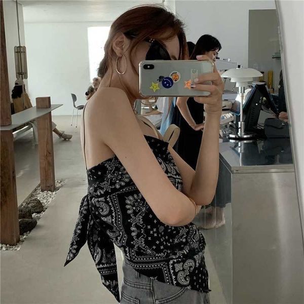 

summer bow tie design camisole fashionable print irregular tube wear black back hollow high street 210604, White