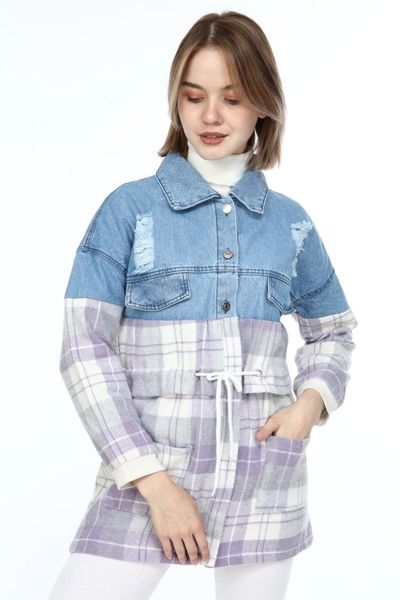 

women's jackets manga plaid garnish denim jacket, Black;brown