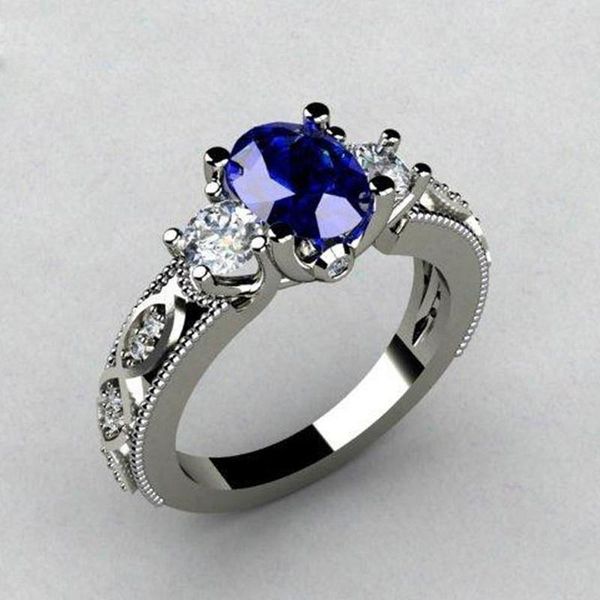 

wedding rings huitan oval blue stone ring luxury triple crystal prong setting with pattern women jewelry, Slivery;golden