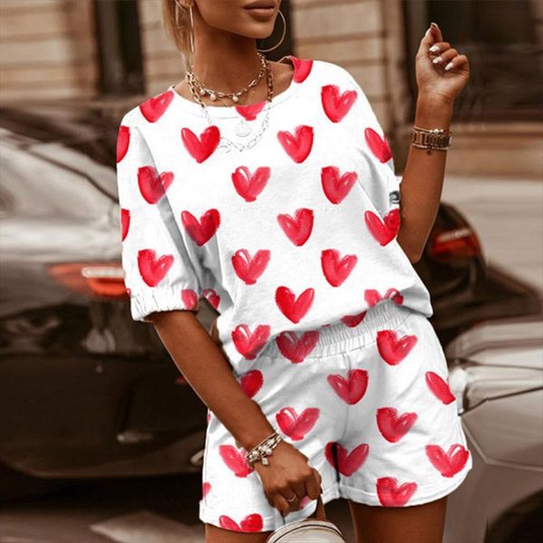 

casual heart printed shorts women tracksuits two piece set round neck short sleeve female homewear suit summer sporty sets plus, Gray