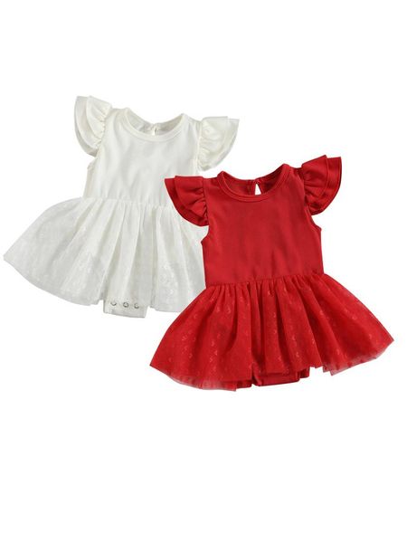 

jumpsuits valentine's day baby girl's solid color jumpsuit o-neck flying sleeve romper dress mesh short skirt, Blue