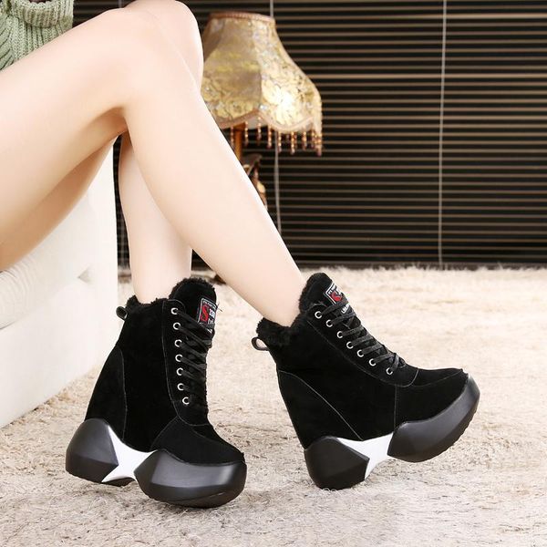 

boots ladies plush invisible heel 12cm winter slippers women's high-taiwan warm casual shoes height-increasing, Black