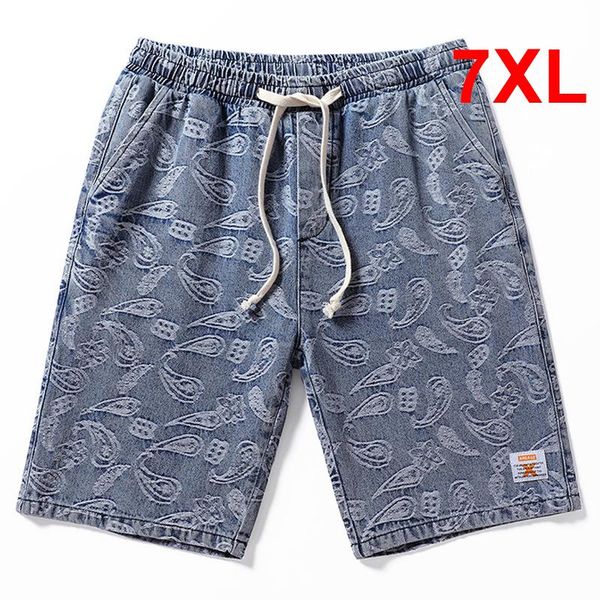 

men's shorts harajuku baggy denim men streetwear bandana paisley pattern embroidery jeans summer short pants plus size 6xl 7xl, White;black