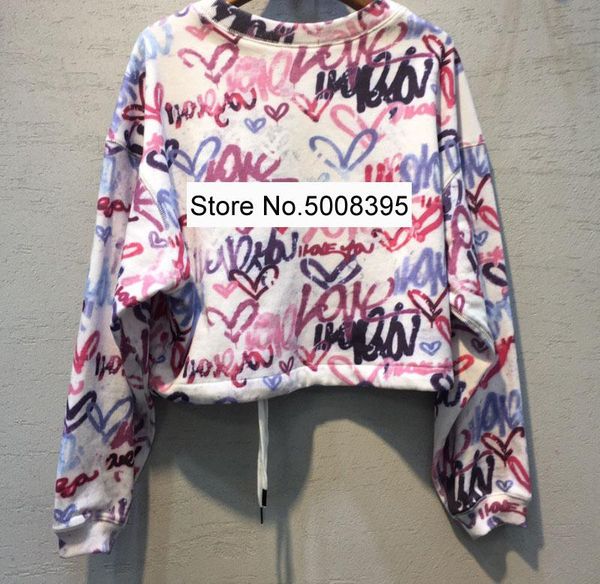

women's hoodies & sweatshirts woman 2021ss colorful graffiti printed sweatshirt drawstring hem round neck drop shoulder long sleeved sw, Black