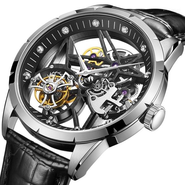 

montre homme luxe flying tourbillon men's mechanical watches male rotary skeleton watch for men luxury clocks casual wristwatches, Slivery;brown