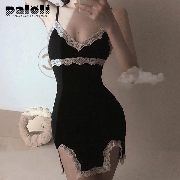 

women's sleepwear french lace sling dress for women hollow black split suspender lingerie female's home clothes autumn 2021, Black;red