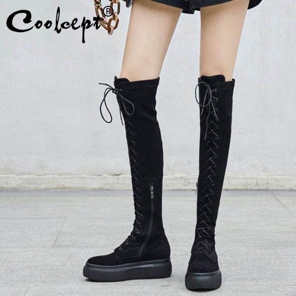 

boots coolcept women winter over the knee real leather shoes lace up thick sole thigh high size 34-39, Black