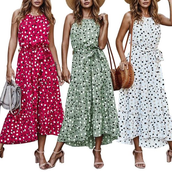 

summer women casual sleeveless polka dot print large hem belted beach long dress for sundress dresses, Black;gray