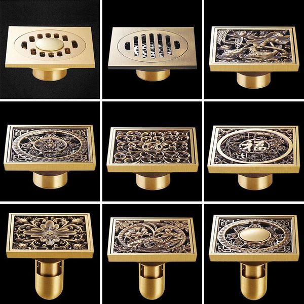 

10*10cm square antique brass art carved bath drains shower strainer hair bathroom floor drain waste grate other & toilet supplies