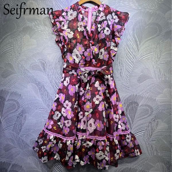 

seifrmann women summer fashion runwayÂ party midi dress ruffles bow sashes hollow v-neck floral print ladies a-line dresses casual, Black;gray