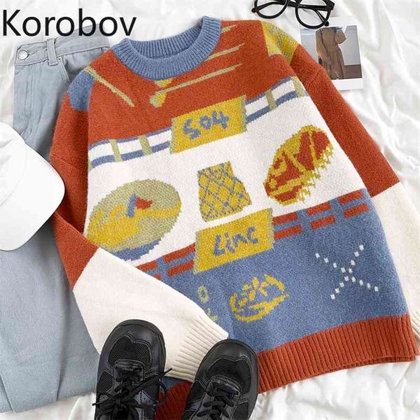 

korobov harajuku japanese women sweaters korean cartoon embroidery o neck long sleeve sueter mujer streetwear ulzzang pullovers 210430, White;black