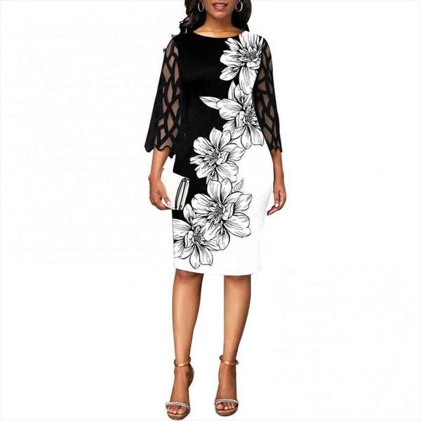 

ladies floral printed midi dress black mesh elegant women wedding party dress 3 4 sleeve bodycon streetwear party vestidos, Black;gray