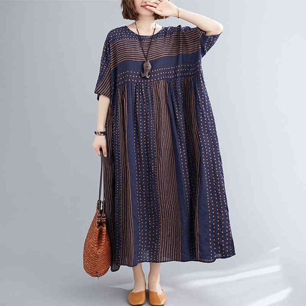 

johnature summer retro dress striped o-neck korean loose comfortable half sleeve plus size women vintage dresses 210521, Black;gray