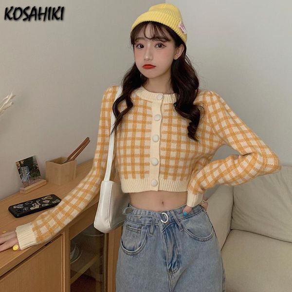 

women's knits & tees kosahiki spring fall plaid harajuku short knit cardigan women korean fashion casual sweater crop single-breasted p, White