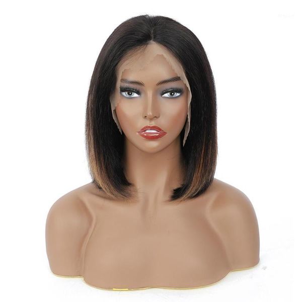 

natural blonde straight short glueless hd color full lace front 13*4 transparent highlight bob human hair pixie cut wigs bang1, Black;brown