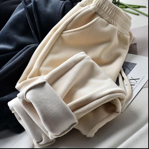 

winter warm fleece lining womens capris long drawstring carrot sweatpants trousers high waist sweat for, Black;white