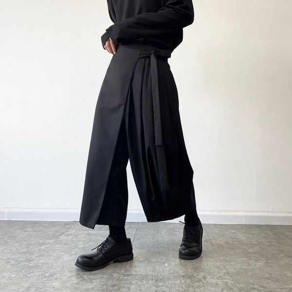 

men's pants wear 2021 autumn black wide leg for couple loose elastic waist belt ankle-length causal trousers male