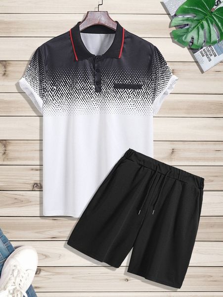 

men colorblock contrast trim polo shirt & drawstring waist shorts t10l#, Gray