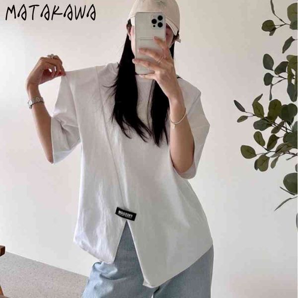

matakawa t-shirt female korean chic summer round neck t shirts for women loose irregular short sleeve split woman tshirts 210513, White
