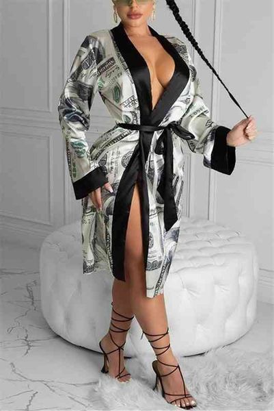 

womens satin robe trendy dollar fashion print comfortable simple long sleeve silky kimono bathrobe sleepwear with belt, Black;red