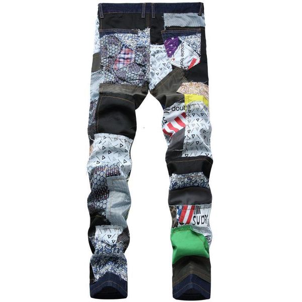 

men's jeans trendy brand straight slim cool hip-hop colorful cloth stitching washed denim large size male bujg, Blue