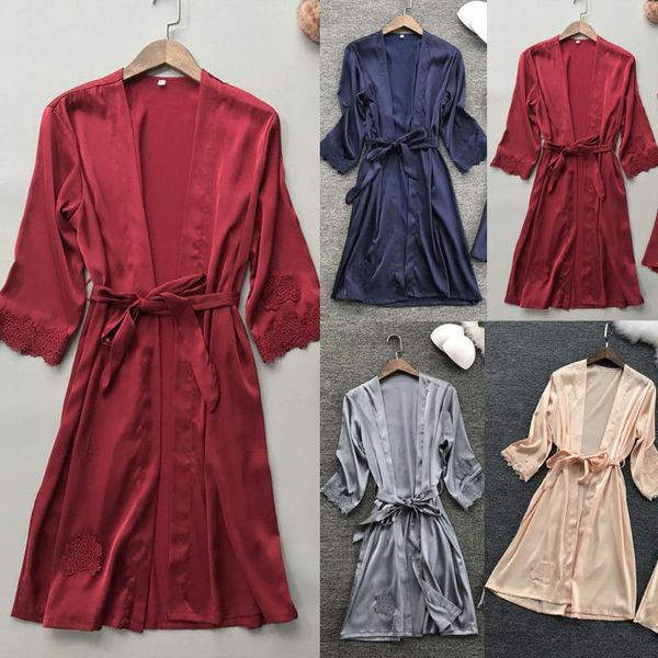 

lingerie transparan summer women's ladies bride robes kimono robe satin silk lace night wear gown sleepwear, Black;red